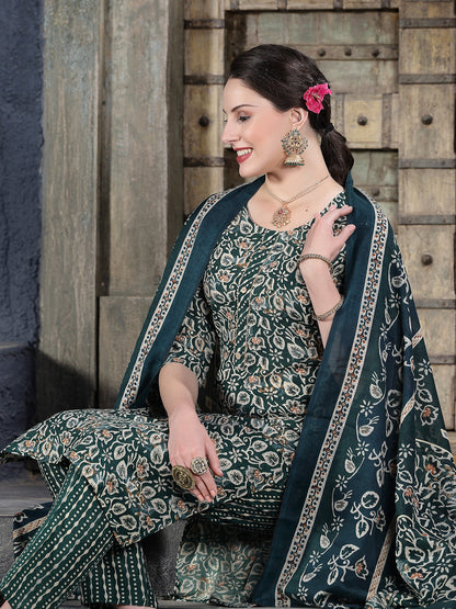 Floral Printed Cotton Blend Straight Kurta Pant Dupatta Set (Pre-Order)