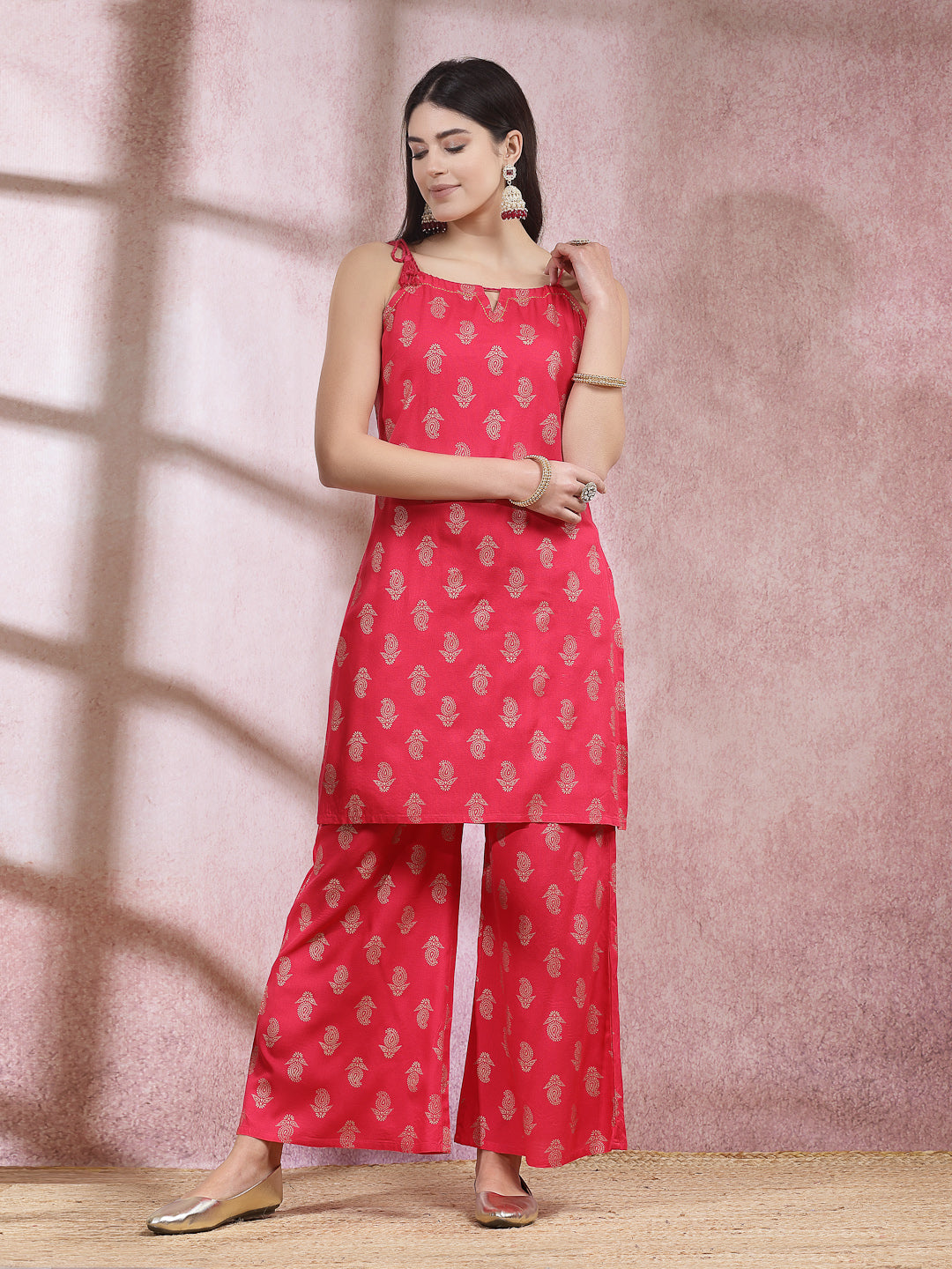 Paisley Printed Rayon Sleeveless Straight Kurta Palazzo Dupatta Set (Pre-Order)