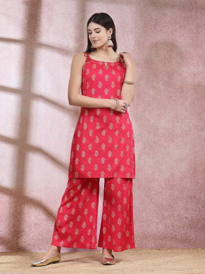 Paisley Printed Rayon Sleeveless Straight Kurta Palazzo Dupatta Set (Pre-Order)