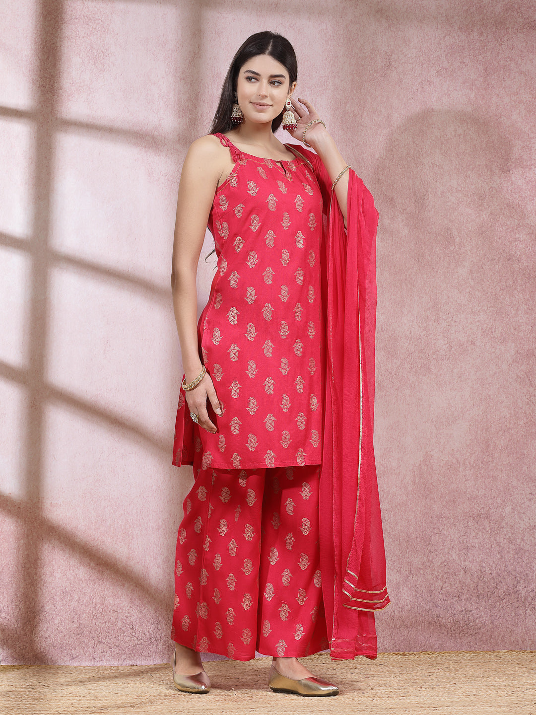 Paisley Printed Rayon Sleeveless Straight Kurta Palazzo Dupatta Set (Pre-Order)