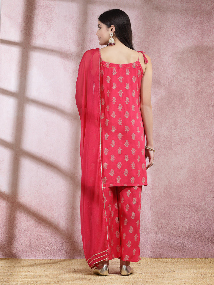 Paisley Printed Rayon Sleeveless Straight Kurta Palazzo Dupatta Set