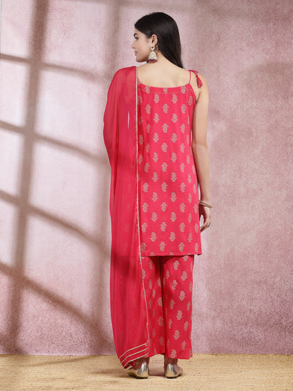 Paisley Printed Rayon Sleeveless Straight Kurta Palazzo Dupatta Set (Pre-Order)