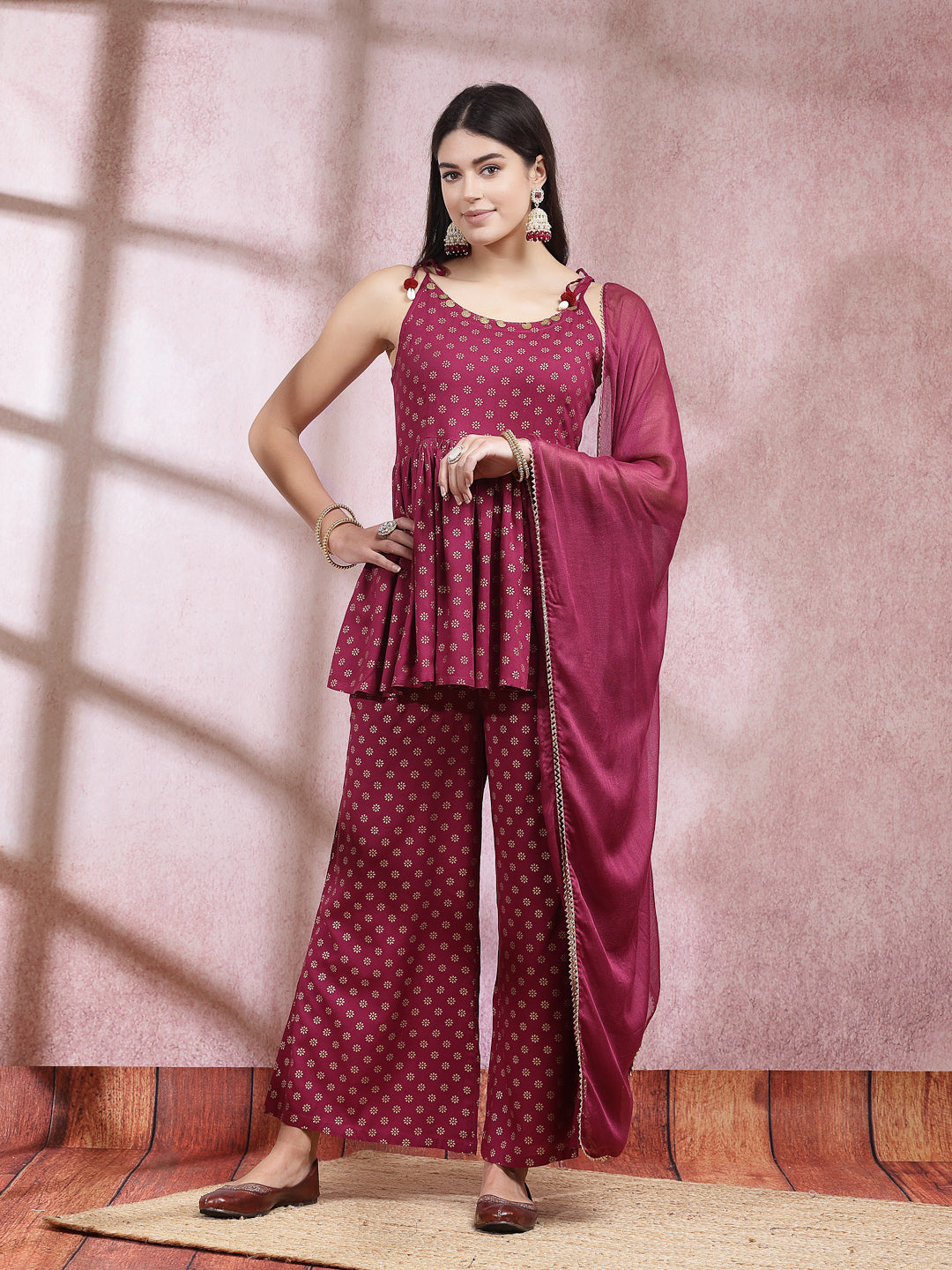 Ethnic Motifs Printed Rayon Sleeveless Kurta Palazzo Dupatta Set (Pre-Order)