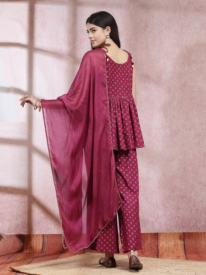 Ethnic Motifs Printed Rayon Sleeveless Kurta Palazzo Dupatta Set (Pre-Order)