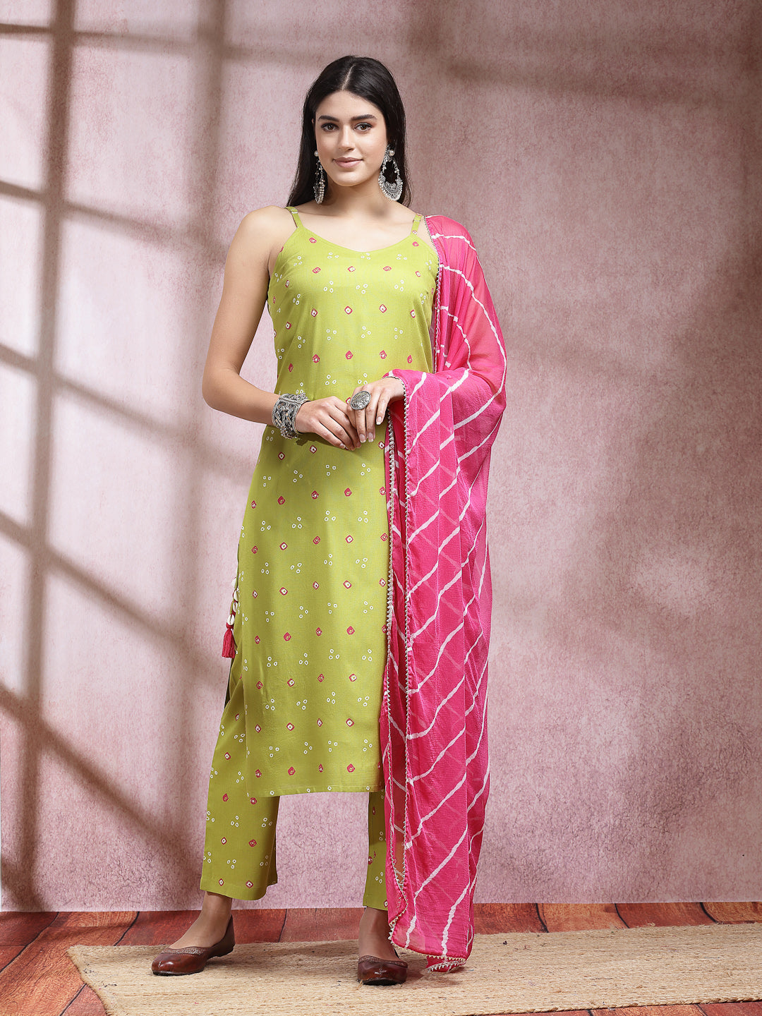 Bandhej Printed Rayon Straight Kurta Pant Dupatta Set (Pre-Order)