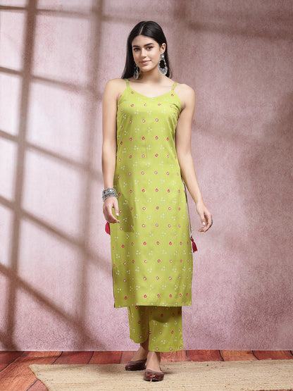 Bandhej Printed Rayon Straight Kurta Pant Dupatta Set (Pre-Order)