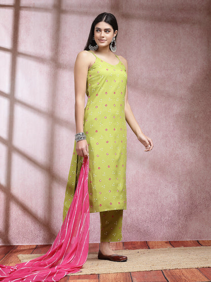 Bandhej Printed Rayon Straight Kurta Pant Dupatta Set (Pre-Order)