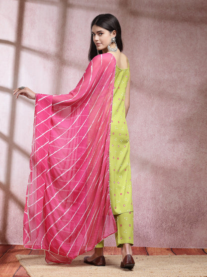 Bandhej Printed Rayon Straight Kurta Pant Dupatta Set (Pre-Order)