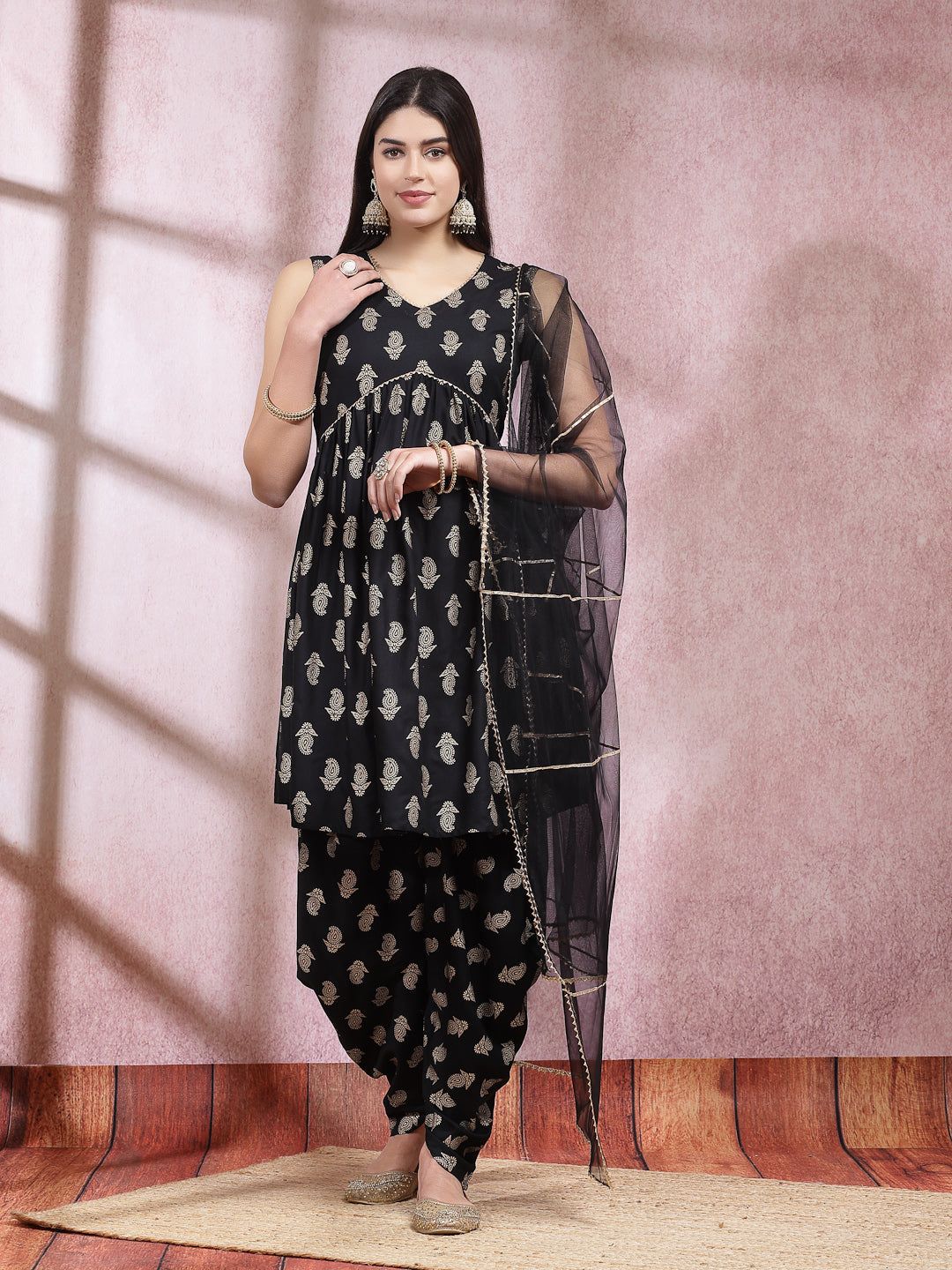Paisley Printed Rayon Pleated Kurta Dhoti Dupatta Set