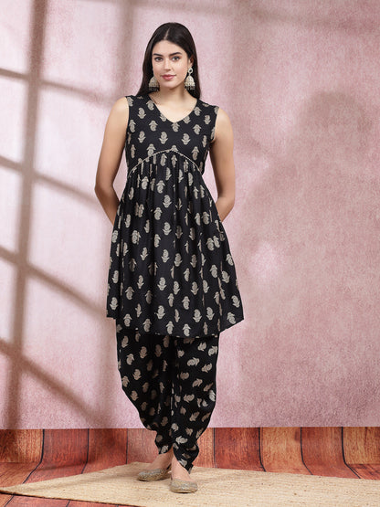 Paisley Printed Rayon Pleated Kurta Dhoti Dupatta Set (Pre-Order)