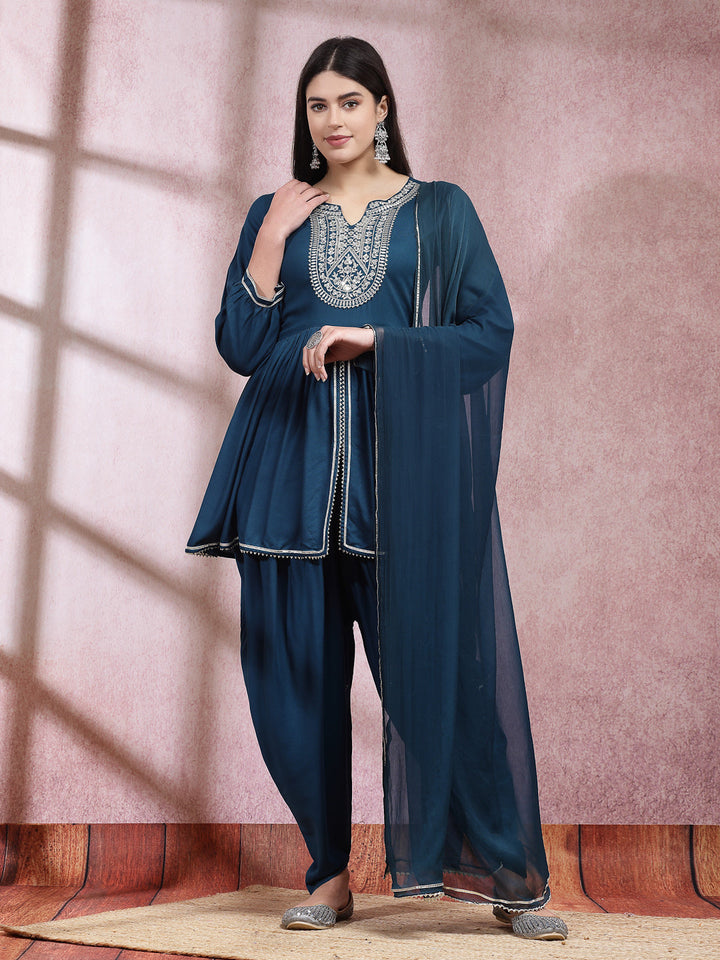 Embroidered &amp; Embellished Rayon Pleated Kurti With Dhoti Pant &amp; Dupatta