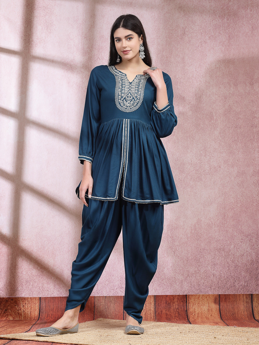 Embroidered &amp; Embellished Rayon Pleated Kurti With Dhoti Pant &amp; Dupatta