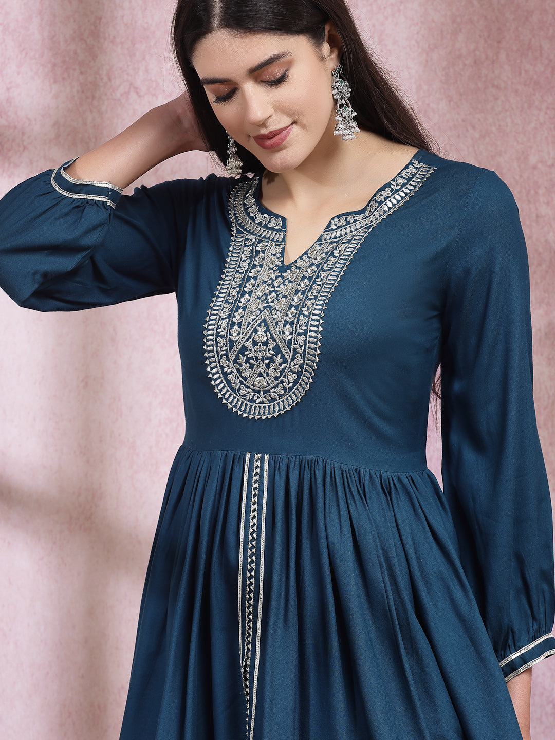 Embroidered & Embellished Rayon Pleated Kurti With Dhoti Pant & Dupatta (Pre-Order)