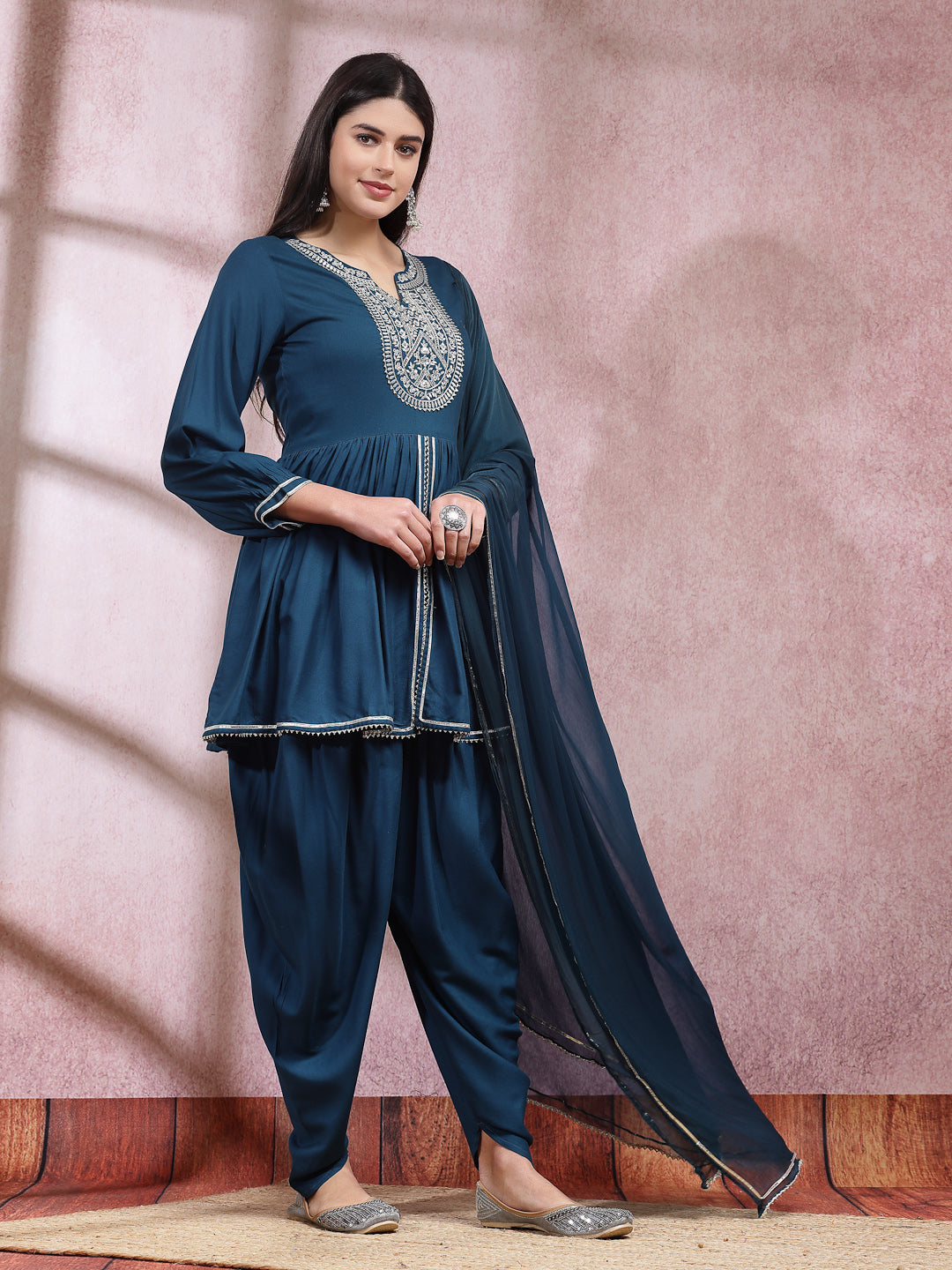 Embroidered & Embellished Rayon Pleated Kurti With Dhoti Pant & Dupatta (Pre-Order)