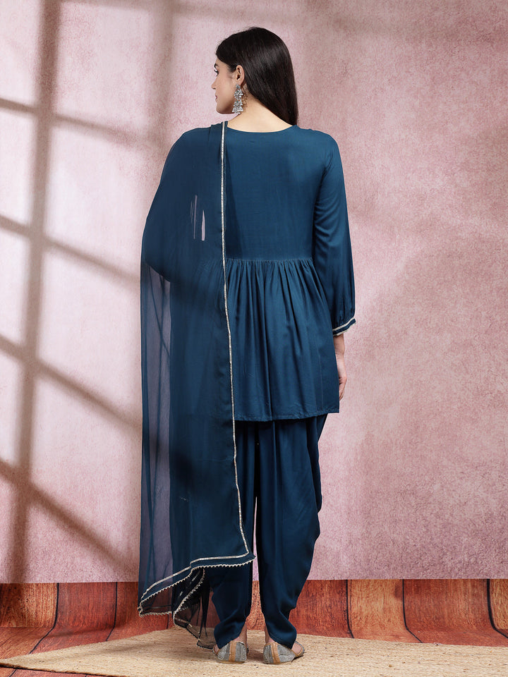 Embroidered &amp; Embellished Rayon Pleated Kurti With Dhoti Pant &amp; Dupatta