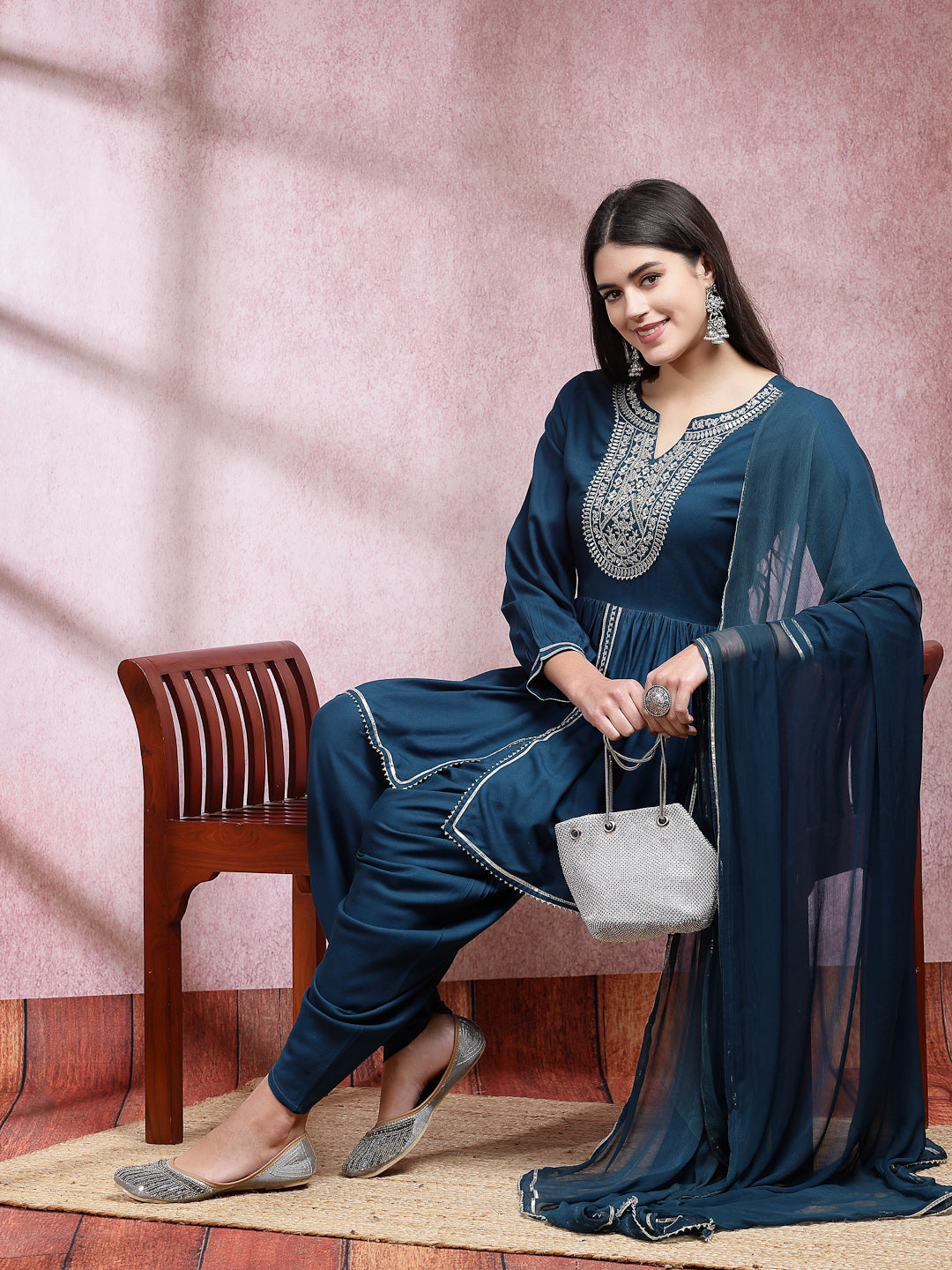 Embroidered &amp; Embellished Rayon Pleated Kurti With Dhoti Pant &amp; Dupatta