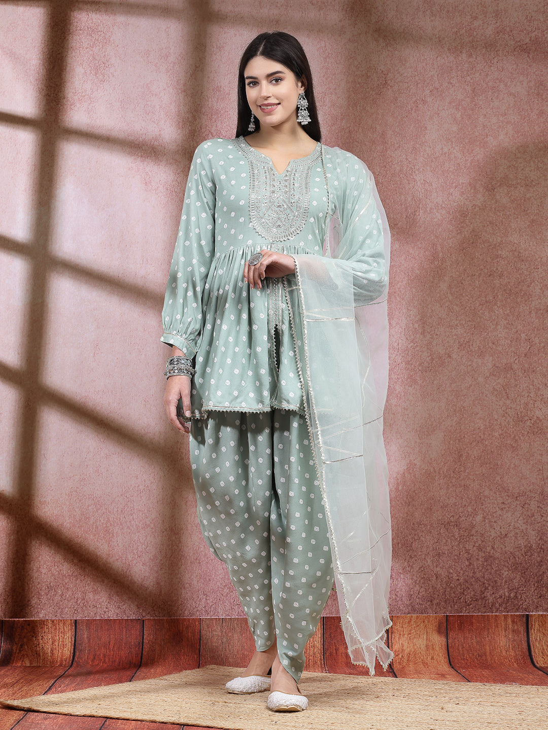 Bandhani Printed & Embroidered Rayon Pleated Kurti With Dhoti Pant & Dupatta Set (Pre-Order)