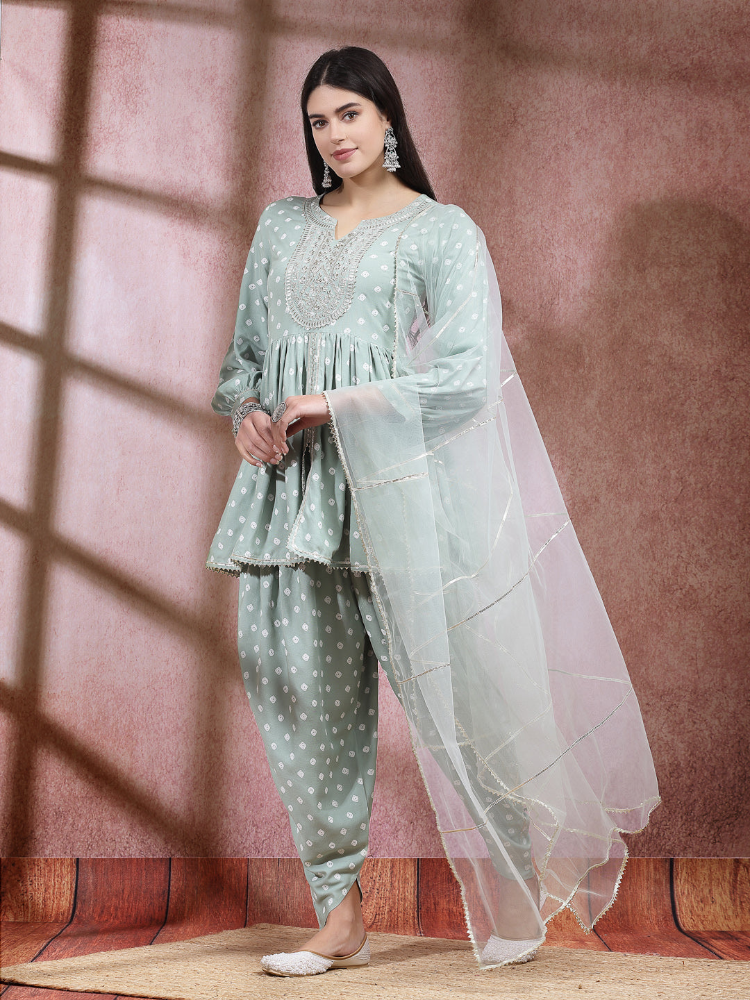 Bandhani Printed & Embroidered Rayon Pleated Kurti With Dhoti Pant & Dupatta Set (Pre-Order)