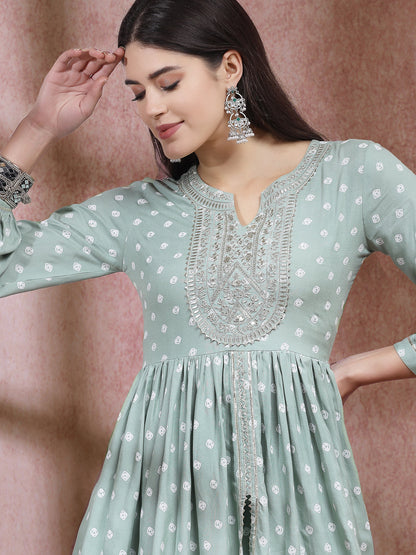 Bandhani Printed & Embroidered Rayon Pleated Kurti With Dhoti Pant & Dupatta Set (Pre-Order)