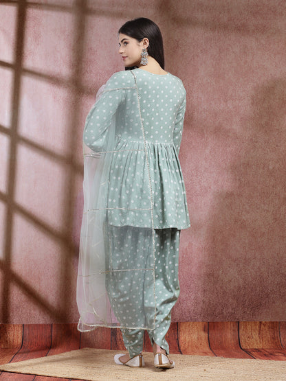 Bandhani Printed & Embroidered Rayon Pleated Kurti With Dhoti Pant & Dupatta Set (Pre-Order)
