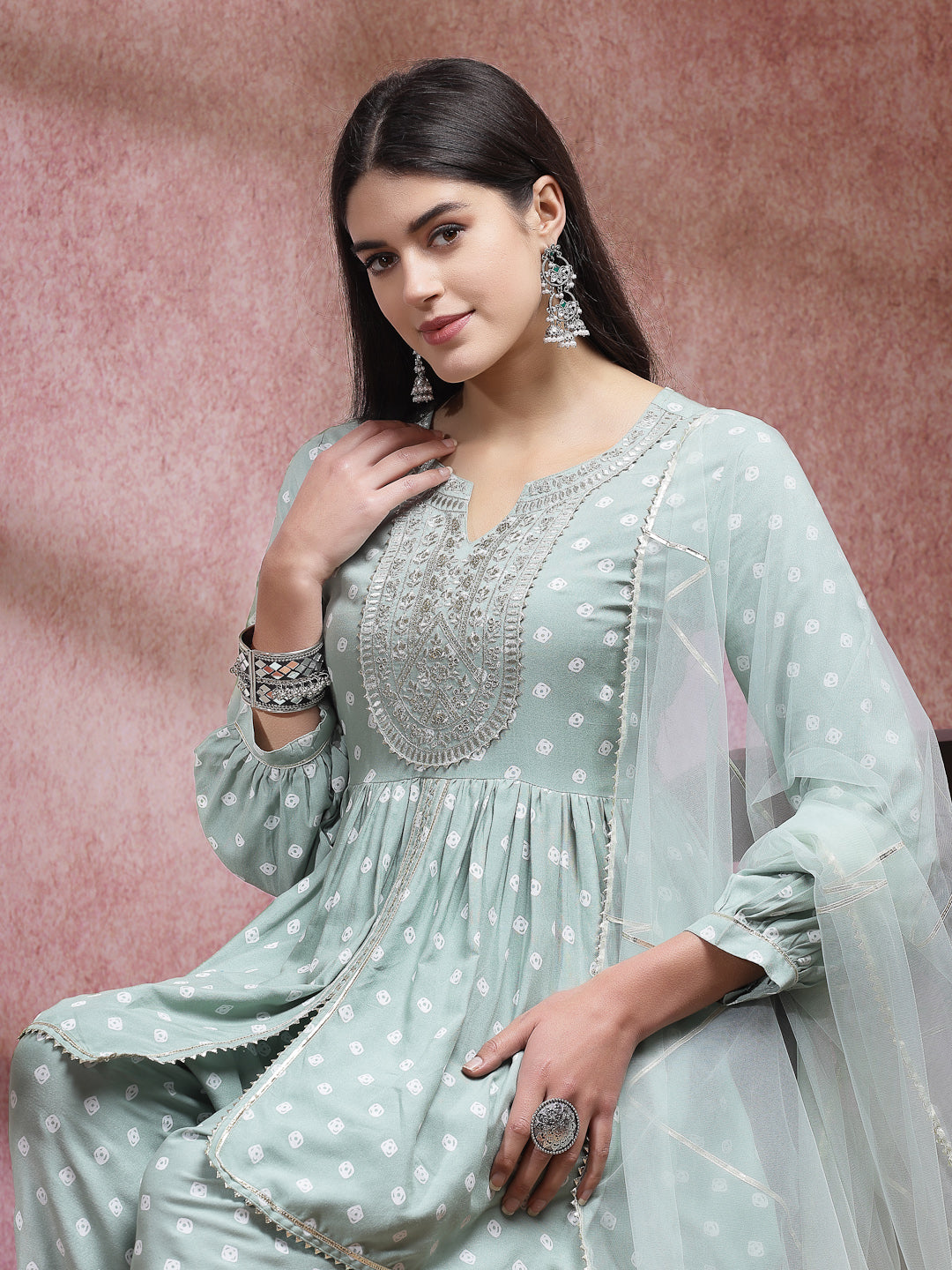 Bandhani Printed & Embroidered Rayon Pleated Kurti With Dhoti Pant & Dupatta Set (Pre-Order)