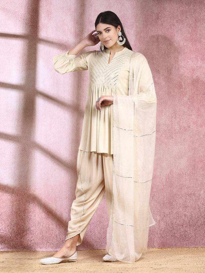 Embroidered &amp; Embellished Rayon Pleated Kurti With Dhoti Pant &amp; Dupatta
