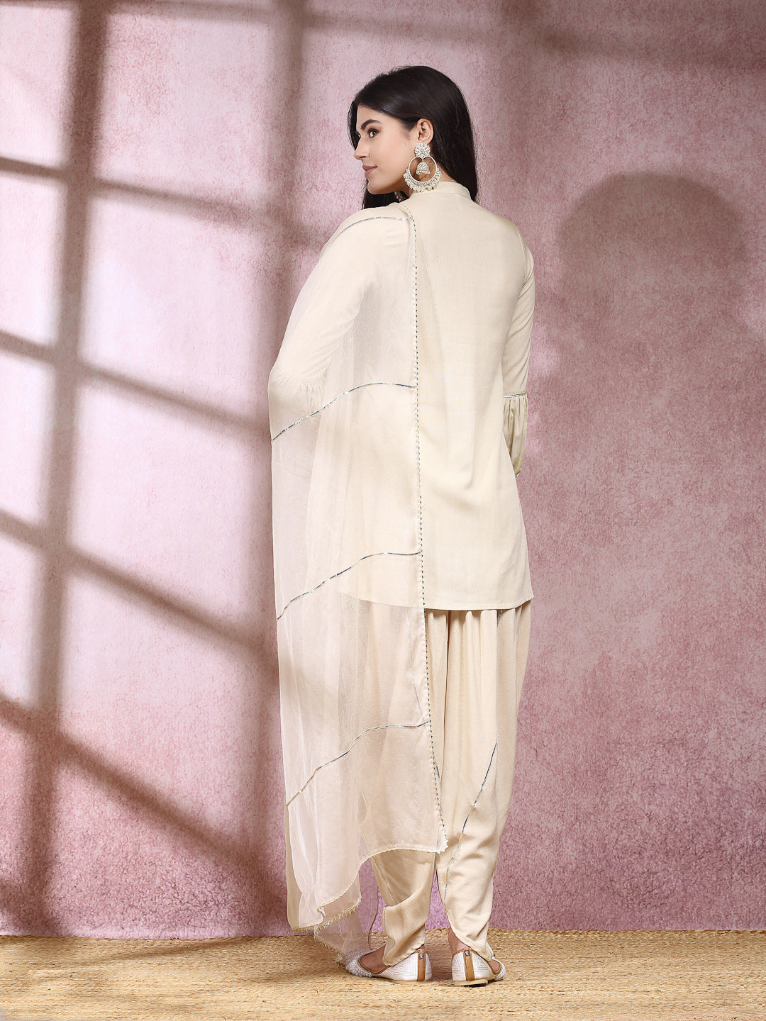 Embroidered &amp; Embellished Rayon Pleated Kurti With Dhoti Pant &amp; Dupatta