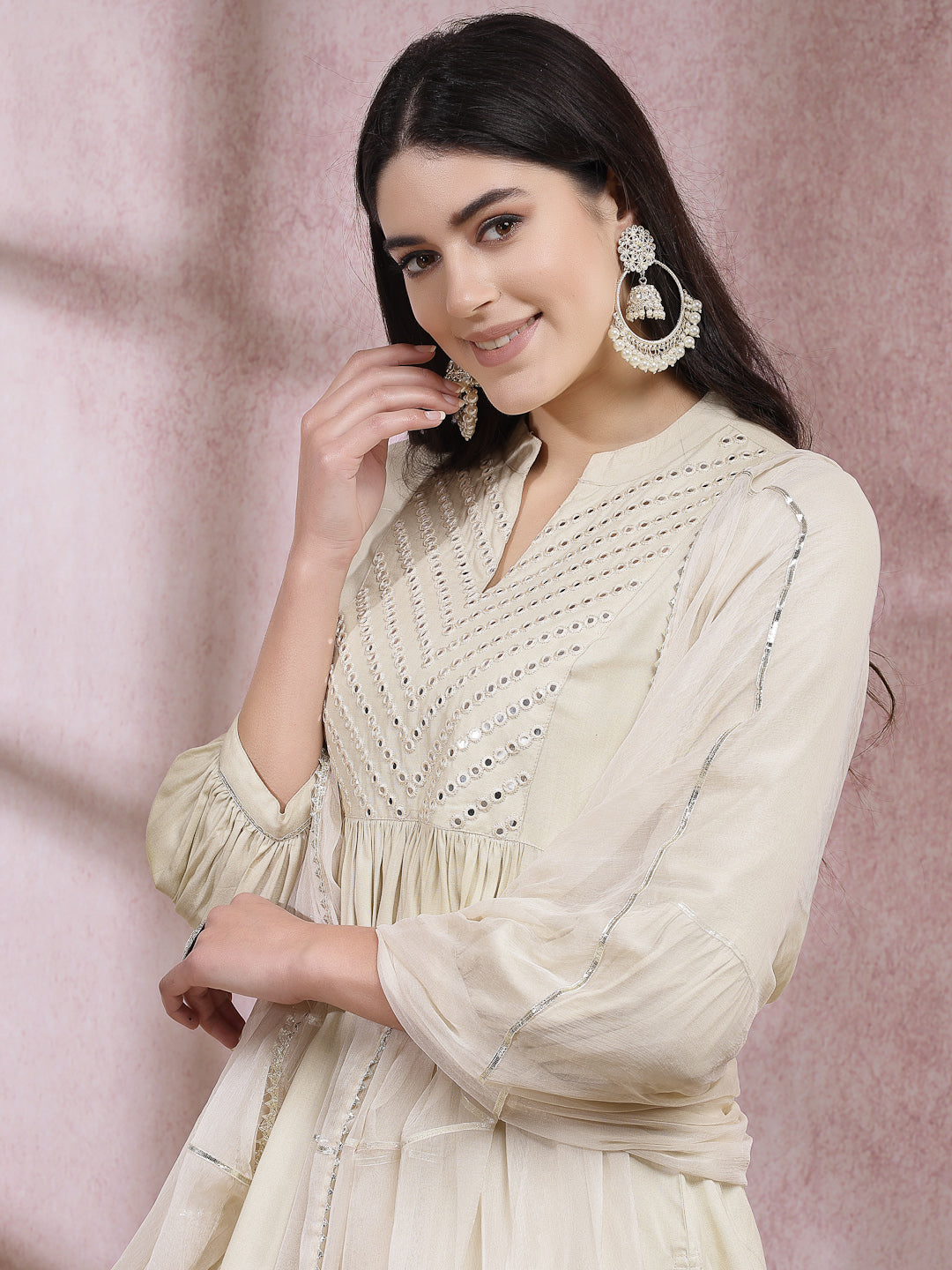 Embroidered &amp; Embellished Rayon Pleated Kurti With Dhoti Pant &amp; Dupatta