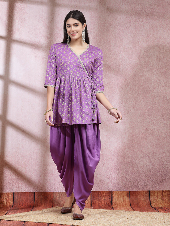 Ethnic Motif Printed Rayon Angrakha Kurti With Dhoti Pant