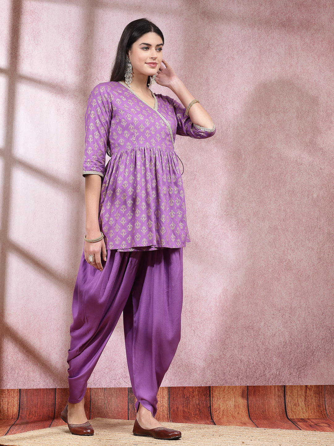 Ethnic Motif Printed Rayon Angrakha Kurti With Dhoti Pant (Pre-Order)