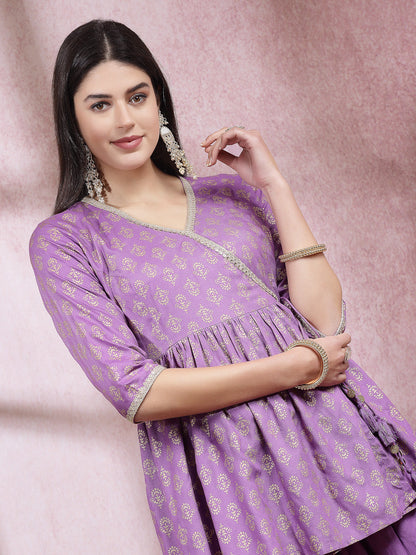 Ethnic Motif Printed Rayon Angrakha Kurti With Dhoti Pant