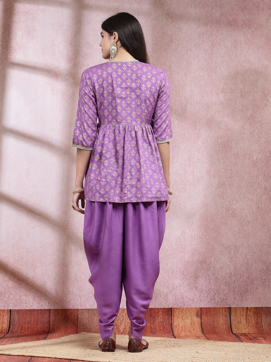 Ethnic Motif Printed Rayon Angrakha Kurti With Dhoti Pant