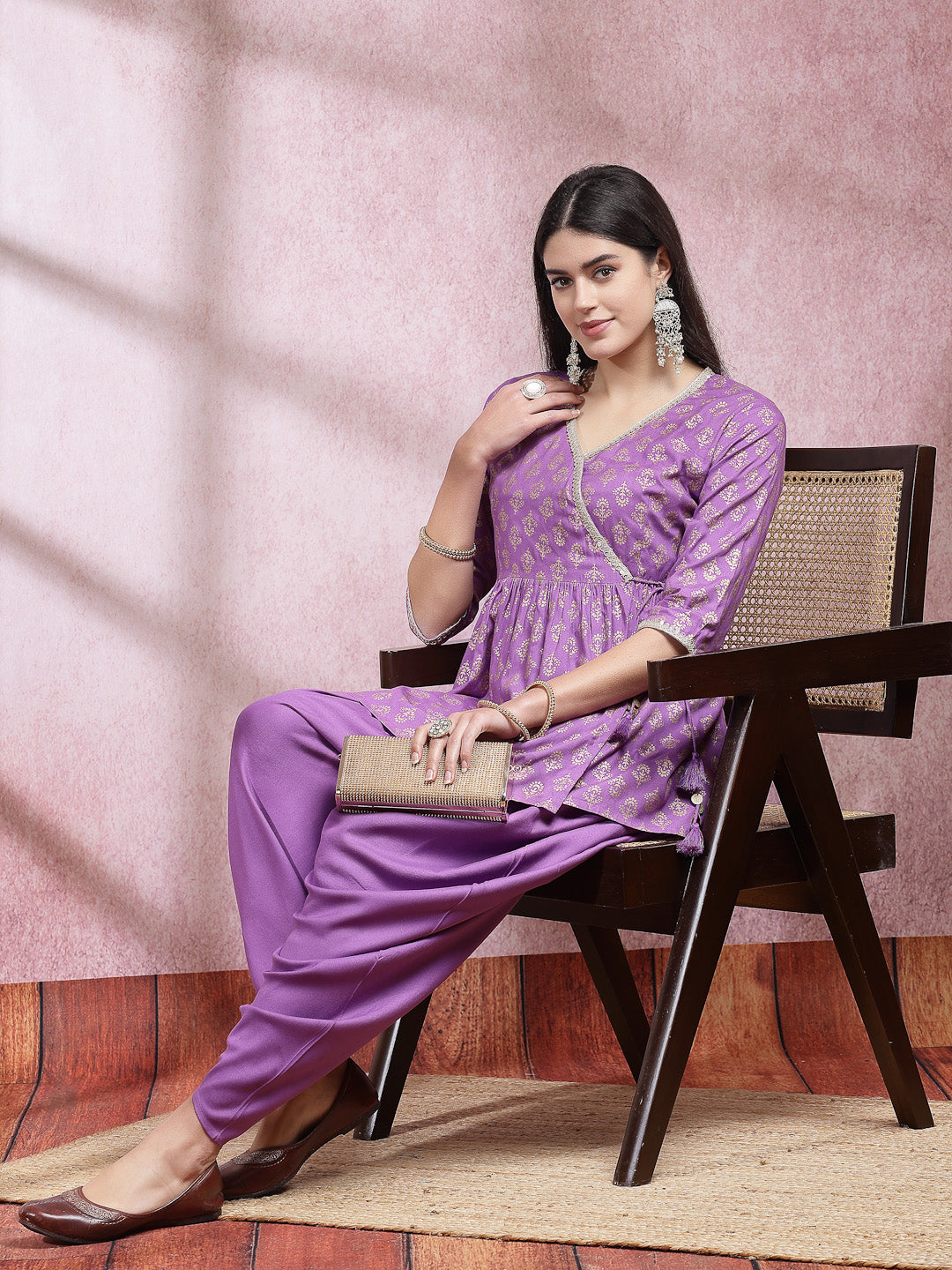 Ethnic Motif Printed Rayon Angrakha Kurti With Dhoti Pant