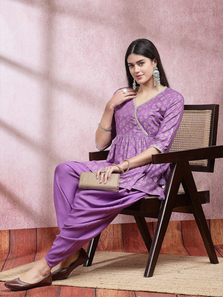 Ethnic Motif Printed Rayon Angrakha Kurti With Dhoti Pant