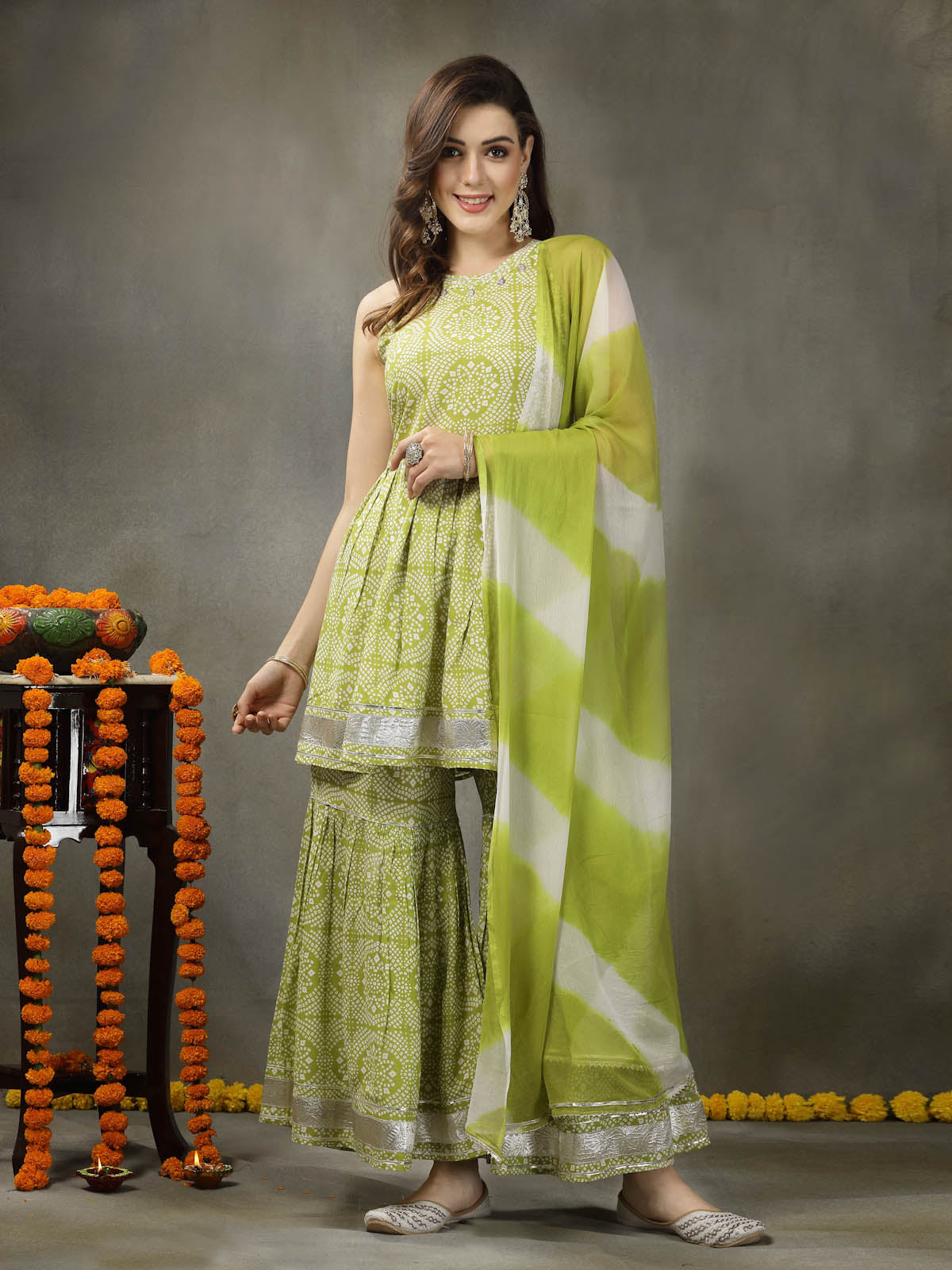 Bandhej Printed Rayon Pleated Kurta Sharara Dupatta Set (Pre-Order)