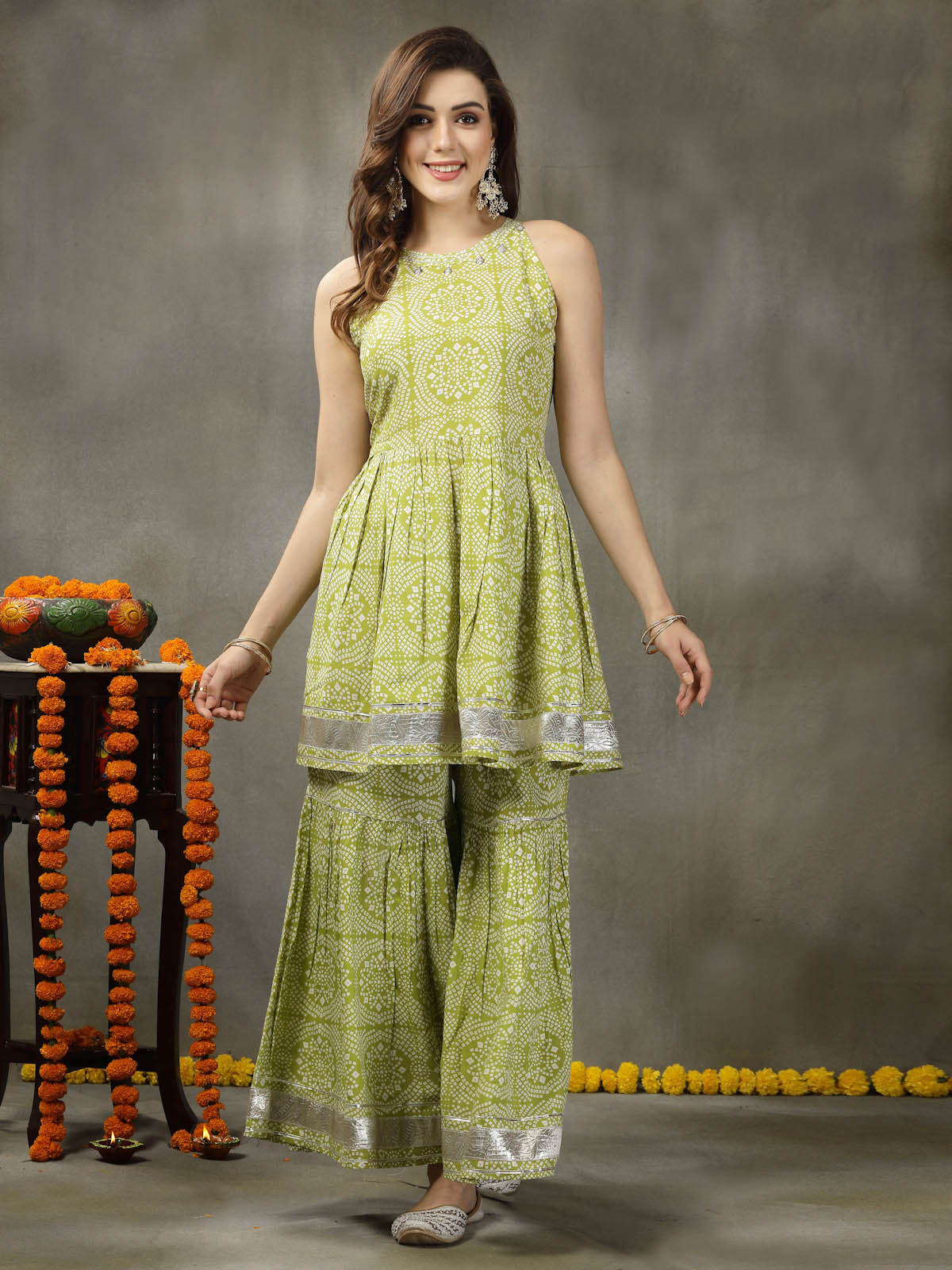 Bandhej Printed Rayon Pleated Kurta Sharara Dupatta Set (Pre-Order)