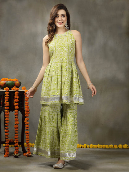 Bandhej Printed Rayon Pleated Kurta Sharara Dupatta Set (Pre-Order)