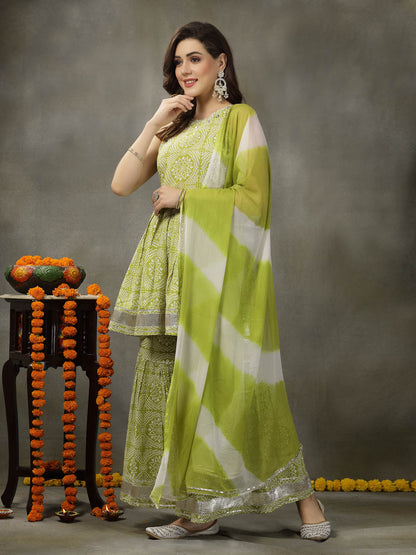 Bandhej Printed Rayon Pleated Kurta Sharara Dupatta Set (Pre-Order)