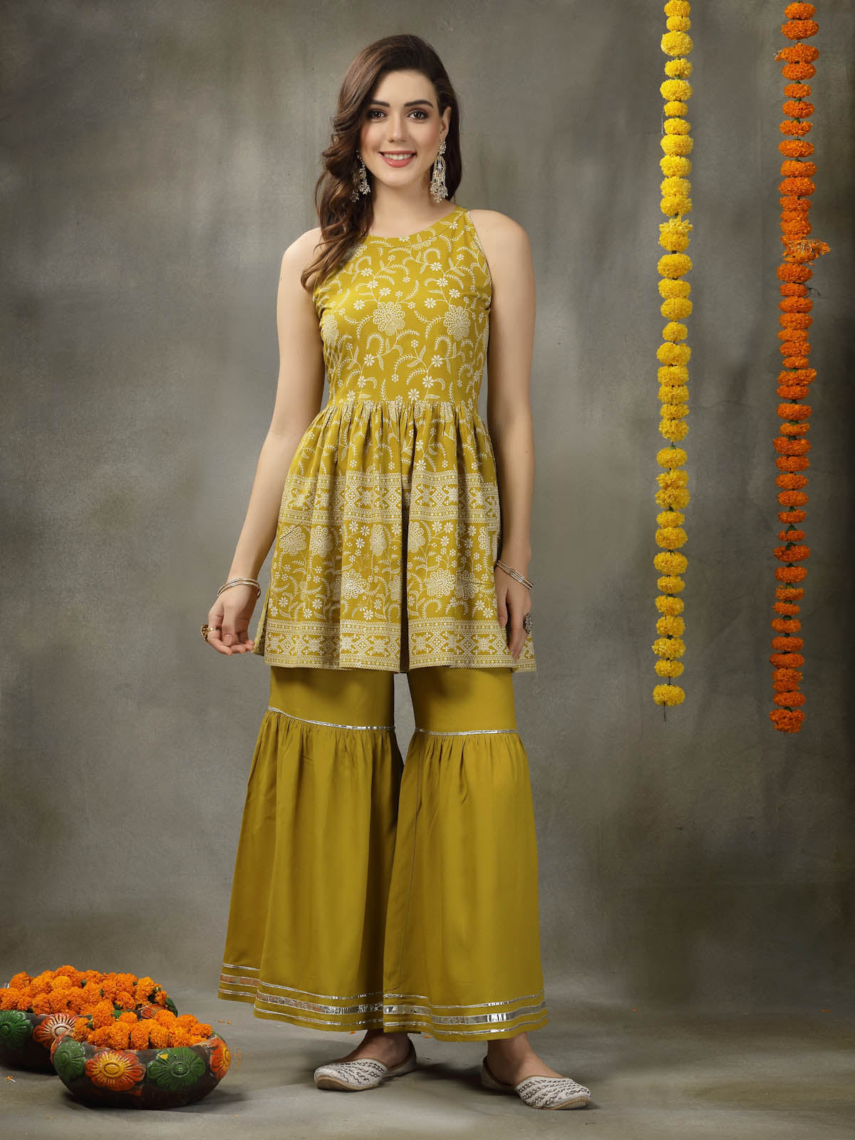 Floral Printed Rayon Pleated Kurta Sharara Dupatta Set (Pre-Order)