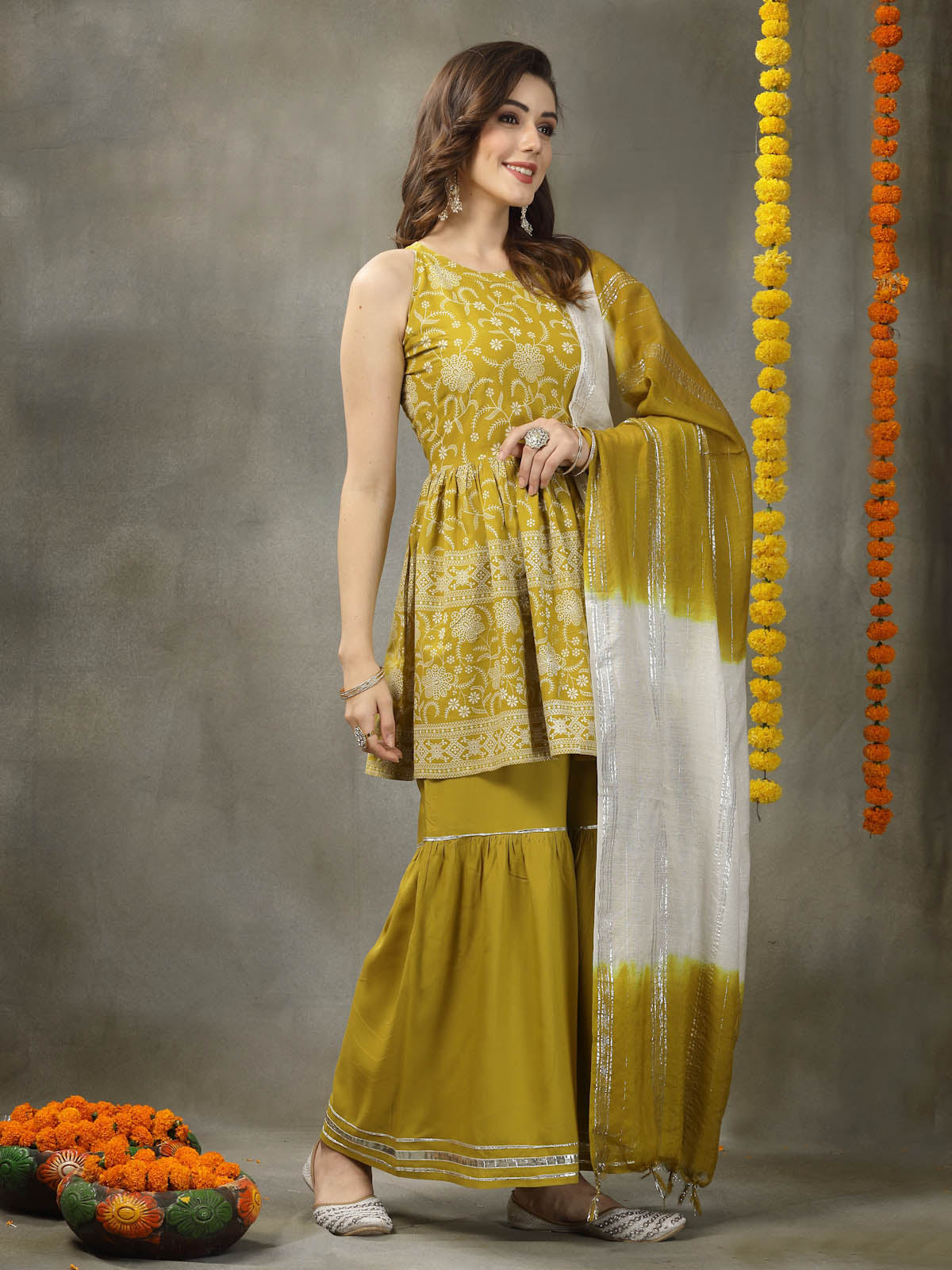 Floral Printed Rayon Pleated Kurta Sharara Dupatta Set (Pre-Order)