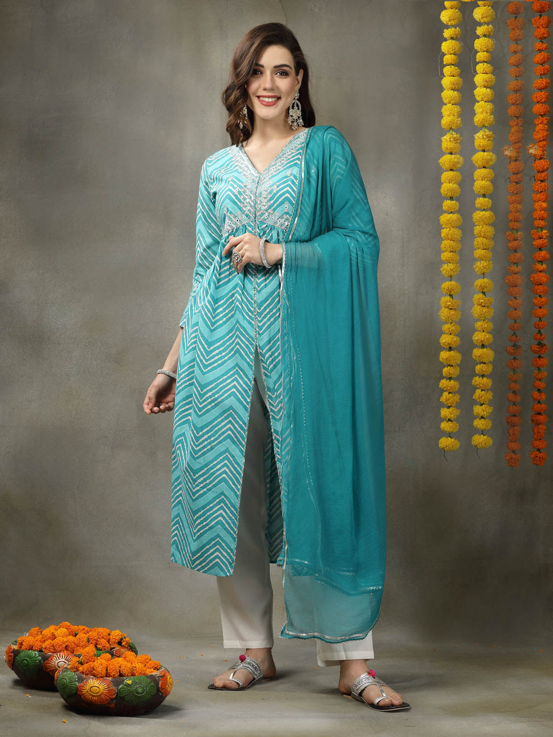 Lehriya Printed &amp; Embroidered Cotton Alia Cut Kurta Pant Dupatta Set