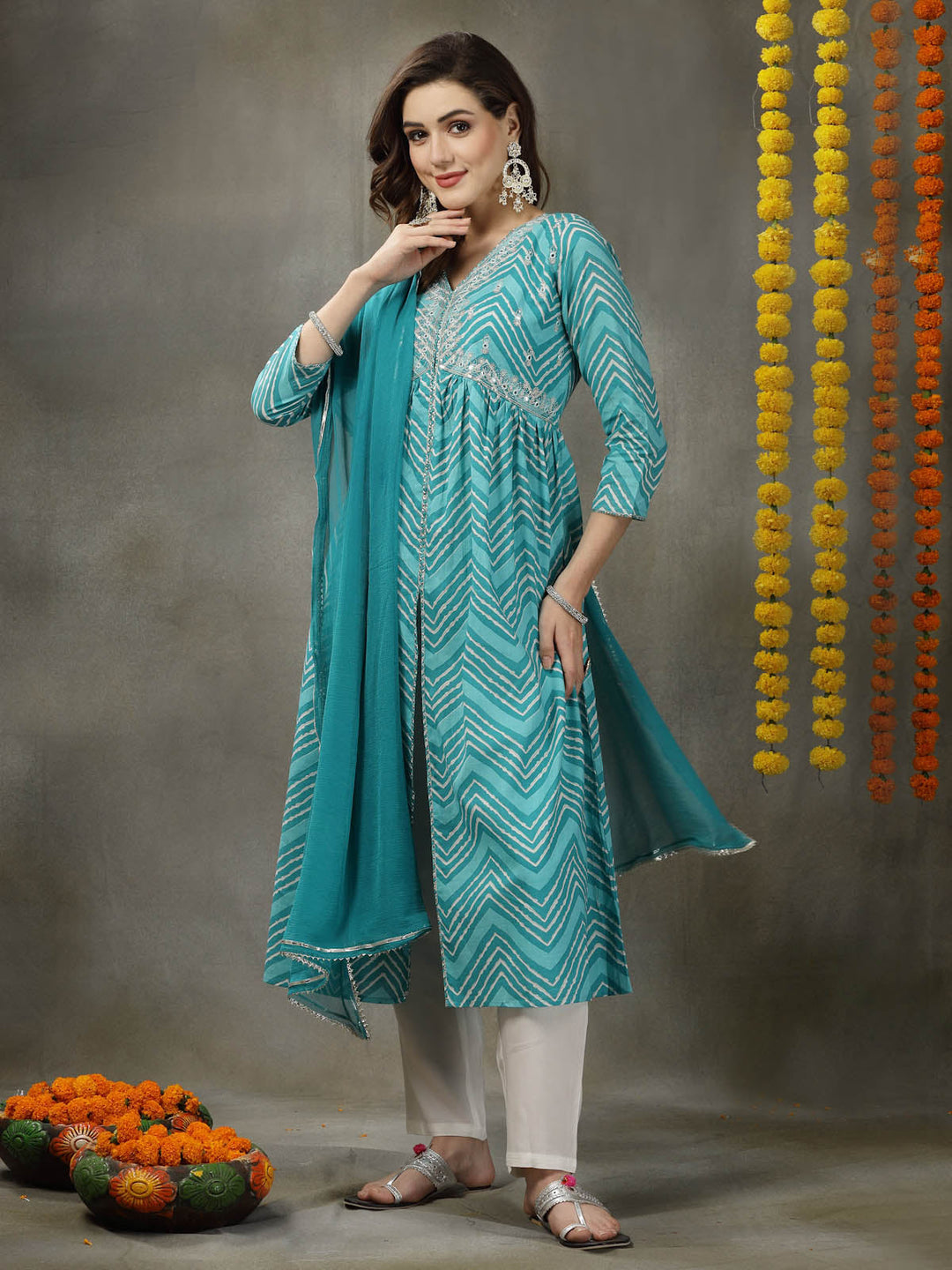 Lehriya Printed &amp; Embroidered Cotton Alia Cut Kurta Pant Dupatta Set