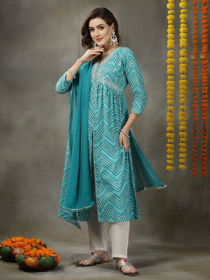 Lehriya Printed &amp; Embroidered Cotton Alia Cut Kurta Pant Dupatta Set