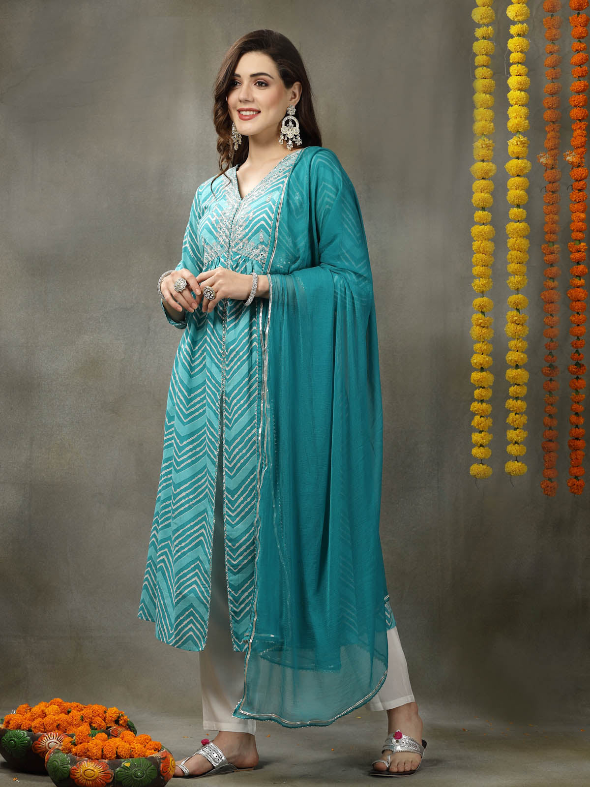 Lehriya Printed & Embroidered Cotton Alia Cut Kurta Pant Dupatta Set (Pre-Order)