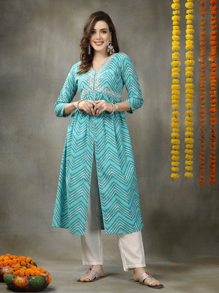 Lehriya Printed &amp; Embroidered Cotton Alia Cut Kurta Pant Dupatta Set