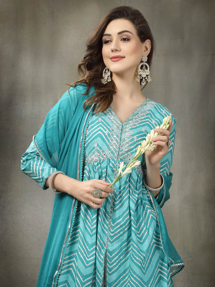 Lehriya Printed &amp; Embroidered Cotton Alia Cut Kurta Pant Dupatta Set