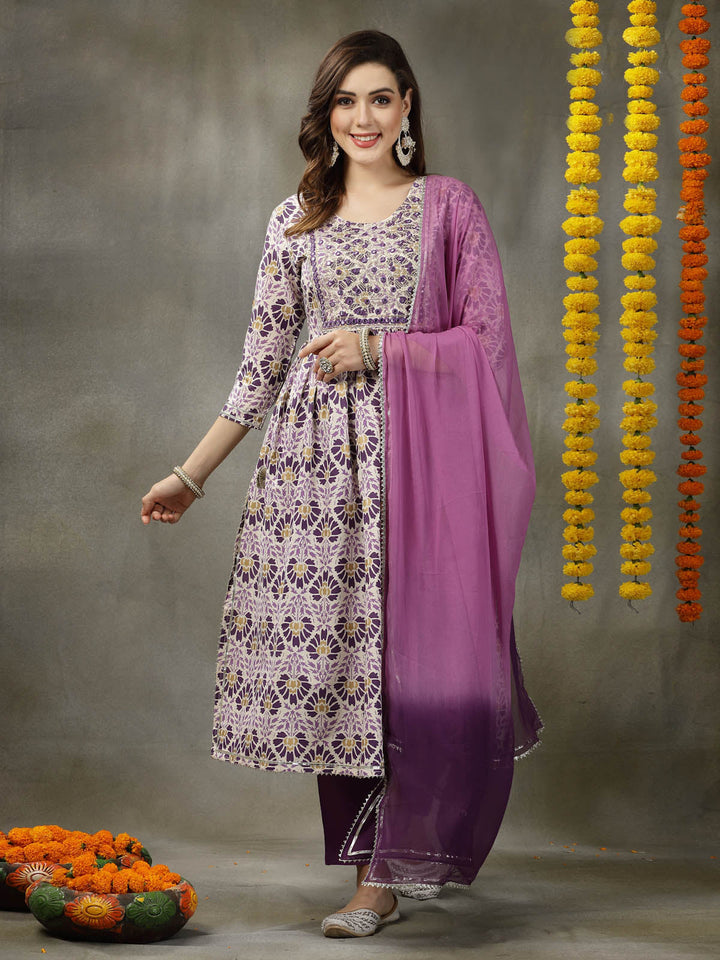 Printed &amp; Embroidered Rayon Naira Cut Kurta Pant Dupatta Set