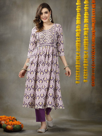 Printed & Embroidered Rayon Naira Cut Kurta Pant Dupatta Set (Pre-Order)