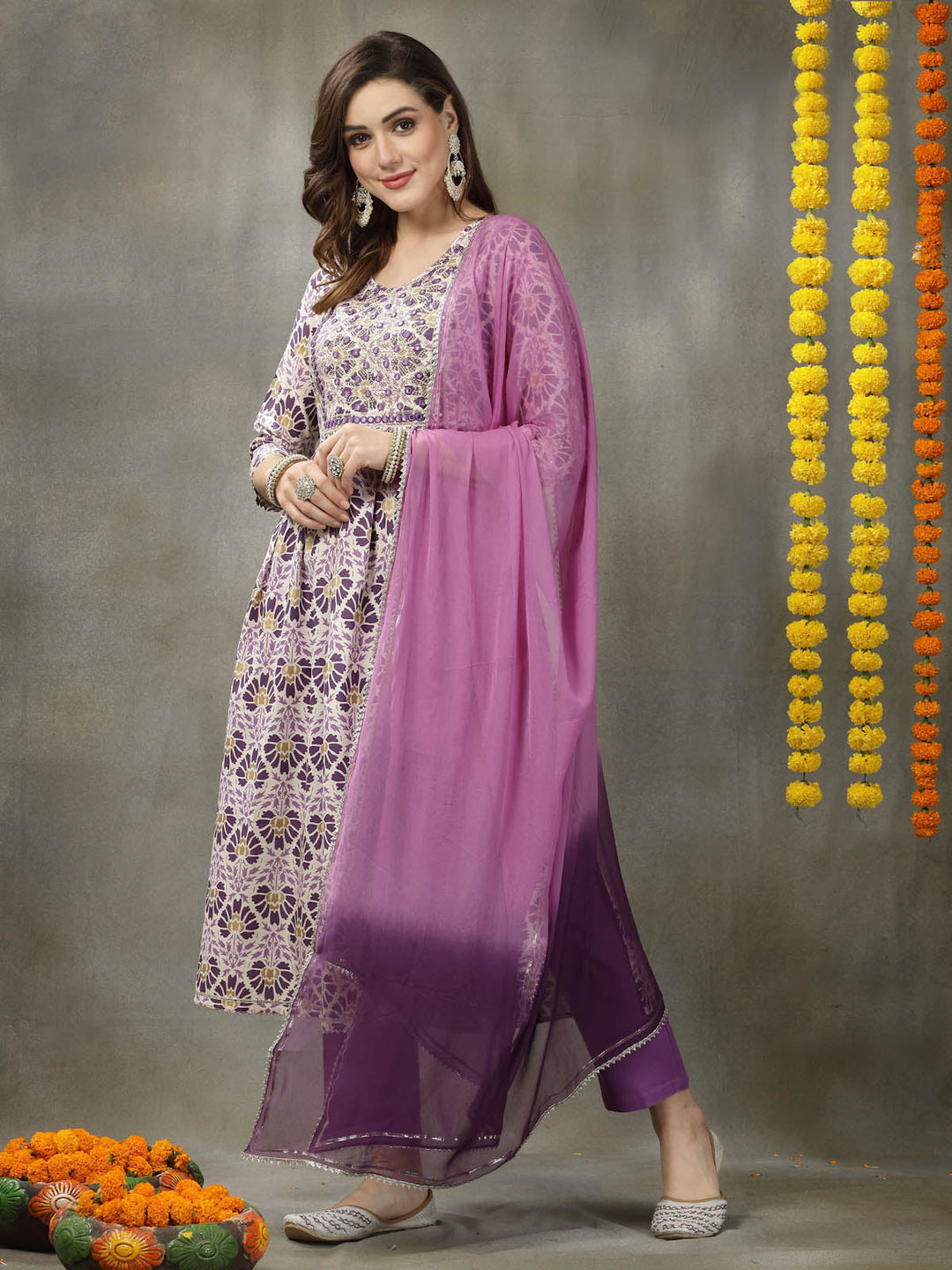 Printed &amp; Embroidered Rayon Naira Cut Kurta Pant Dupatta Set