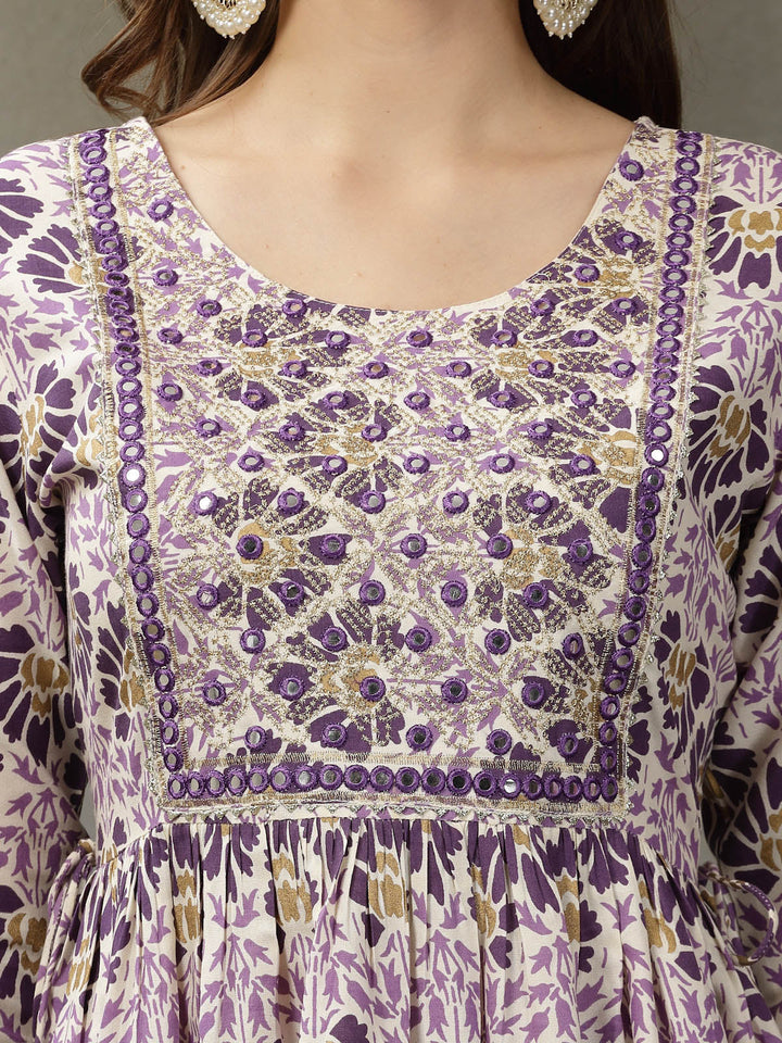 Printed &amp; Embroidered Rayon Naira Cut Kurta Pant Dupatta Set